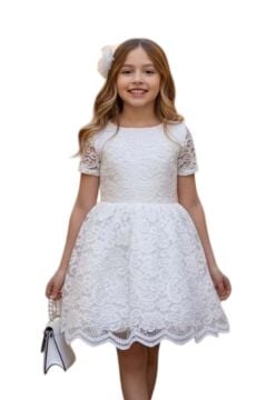 Kız Çocuk Üzeri Dantel İşlemeli İçi Astarlı Simli Beyaz Abiye