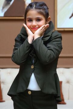 Kız Çocuk Asimetrik Kesim Fırfırlı Yaka Kloş Ceket Haki Alt Üst Takım