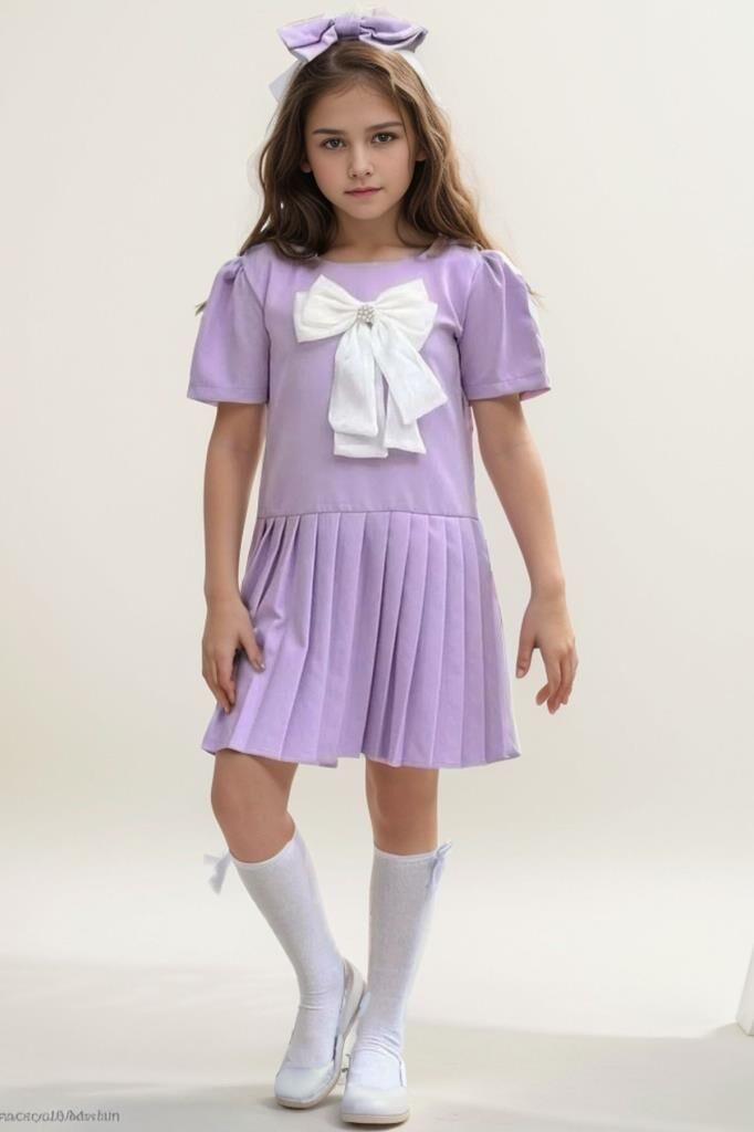 Kız Çocuk Göğsü Fiyonk Detaylı Eteği Pliseli Lila Elbise