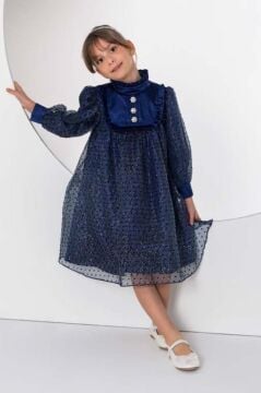 Kız Çocuk Üzeri Benekli ve Pullu İçi Astarlı Yakası Fırfırlı Lacivert Elbise