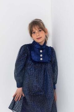 Kız Çocuk Üzeri Benekli ve Pullu İçi Astarlı Yakası Fırfırlı Lacivert Elbise