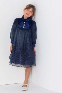Kız Çocuk Üzeri Benekli ve Pullu İçi Astarlı Yakası Fırfırlı Lacivert Elbise