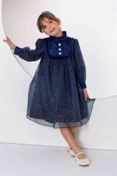Kız Çocuk Üzeri Benekli ve Pullu İçi Astarlı Yakası Fırfırlı Lacivert Elbise