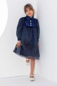 Kız Çocuk Üzeri Benekli ve Pullu İçi Astarlı Yakası Fırfırlı Lacivert Elbise