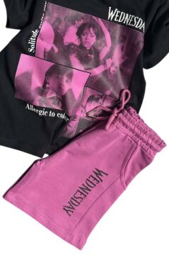 Kız Çocuk Wednesday Baskı Figürlü ve Yazı Baskılı Penye T-Shirt Mor Şortlu Takım