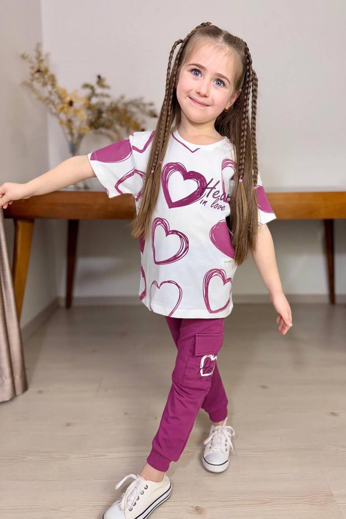 Kız Çocuk Pano Kalp Baskı Bisiklet Yaka T-Shirt Kargo Cepli Alt Mor Eşofman Takım