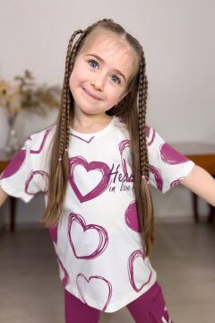 Kız Çocuk Pano Kalp Baskı Bisiklet Yaka T-Shirt Kargo Cepli Alt Mor Eşofman Takım