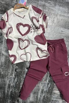 Kız Çocuk Pano Kalp Baskı Bisiklet Yaka T-Shirt Kargo Cepli Alt Mor Eşofman Takım