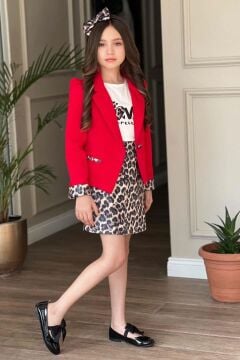 Kız Çocuk Love Yazı Baskı Bluz Leopar Detaylı Kırmızı Blazer Ceket Leopar Detay Pullu Etekli Takım