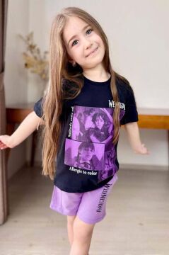 Kız Çocuk Wednesday Baskı Figürlü ve Yazı Baskılı Penye T-Shirt Lila Şortlu Takım