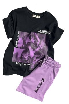Kız Çocuk Wednesday Baskı Figürlü ve Yazı Baskılı Penye T-Shirt Lila Şortlu Takım