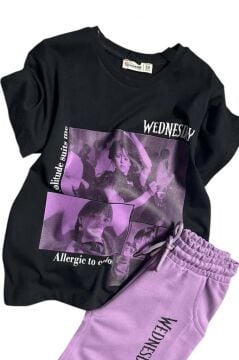 Kız Çocuk Wednesday Baskı Figürlü ve Yazı Baskılı Penye T-Shirt Lila Şortlu Takım
