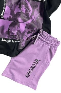 Kız Çocuk Wednesday Baskı Figürlü ve Yazı Baskılı Penye T-Shirt Lila Şortlu Takım