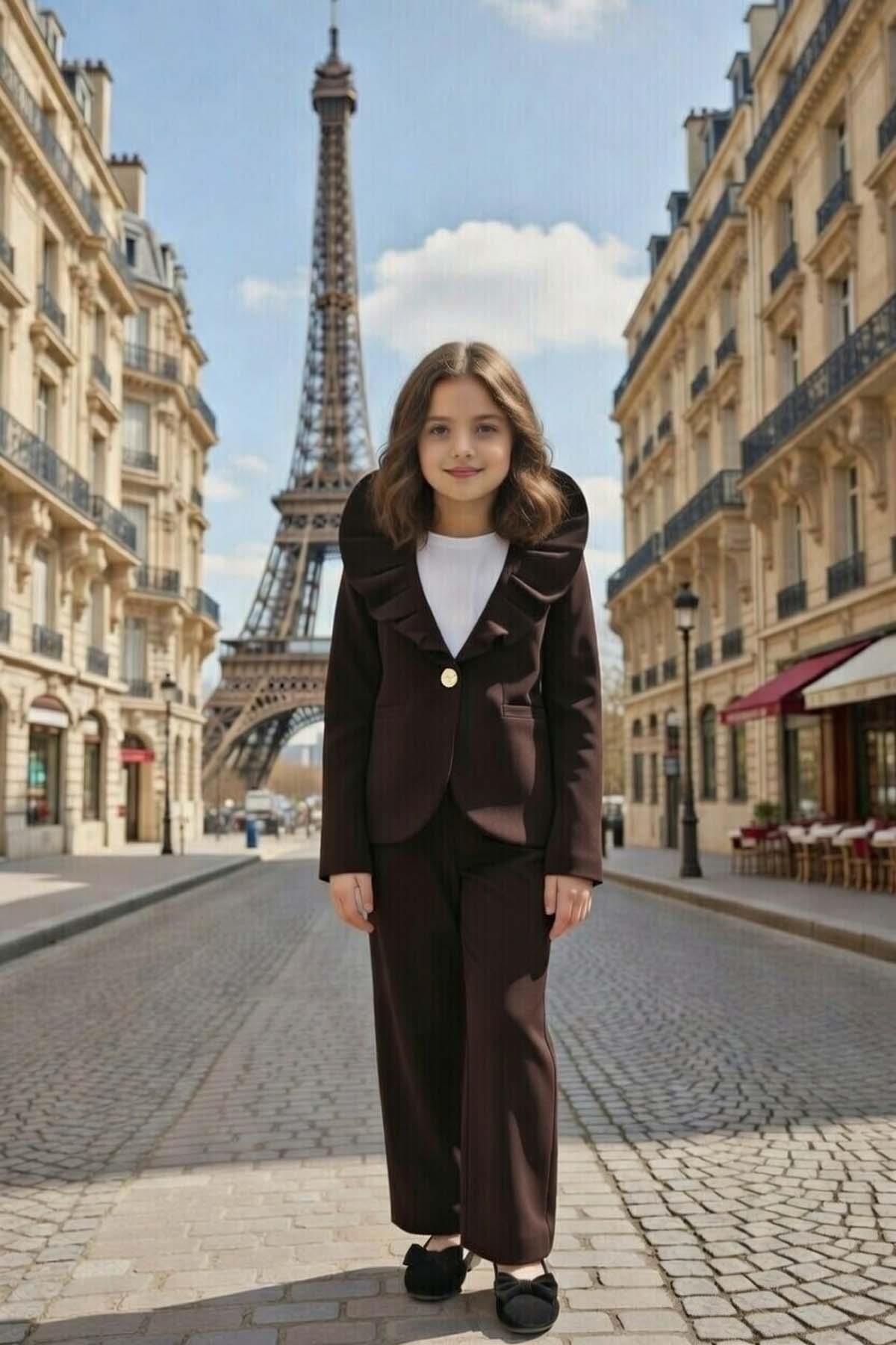 Kız Çocuk Asimetrik Kesim Fırfırlı Yaka Kloş Ceket Kahverengi Alt Üst Takım