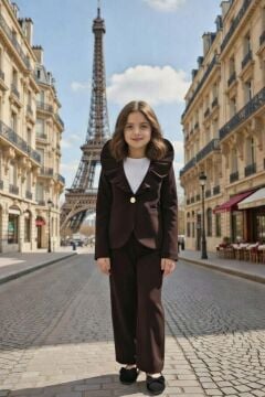 Kız Çocuk Asimetrik Kesim Fırfırlı Yaka Kloş Ceket Kahverengi Alt Üst Takım