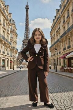 Kız Çocuk Asimetrik Kesim Fırfırlı Yaka Kloş Ceket Kahverengi Alt Üst Takım