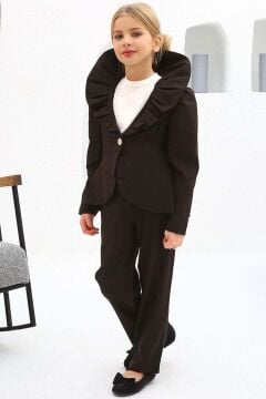 Kız Çocuk Asimetrik Kesim Fırfırlı Yaka Kloş Ceket Kahverengi Alt Üst Takım