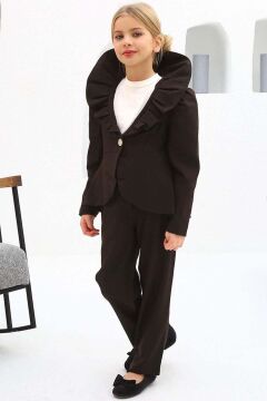 Kız Çocuk Asimetrik Kesim Fırfırlı Yaka Kloş Ceket Kahverengi Alt Üst Takım