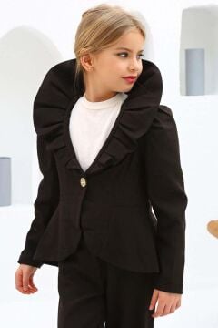 Kız Çocuk Asimetrik Kesim Fırfırlı Yaka Kloş Ceket Kahverengi Alt Üst Takım