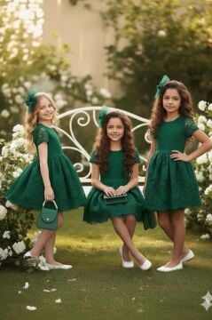 Kız Çocuk Üzeri Dantel İşlemeli İçi Astarlı Simli Yeşil Abiye