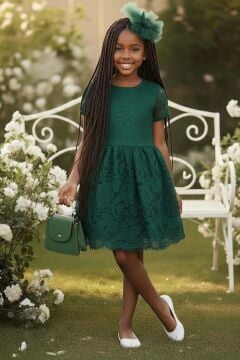Kız Çocuk Üzeri Dantel İşlemeli İçi Astarlı Simli Yeşil Abiye