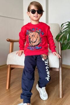 Erkek Çocuk Digital Ayı ve Mountain Yazı Baskılı Kırmızı Eşofman Takım