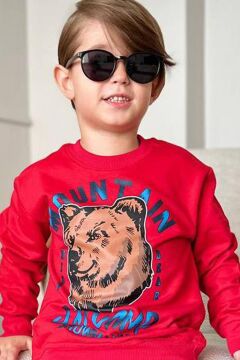 Erkek Çocuk Digital Ayı ve Mountain Yazı Baskılı Kırmızı Eşofman Takım