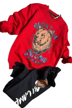 Erkek Çocuk Digital Ayı ve Mountain Yazı Baskılı Kırmızı Eşofman Takım