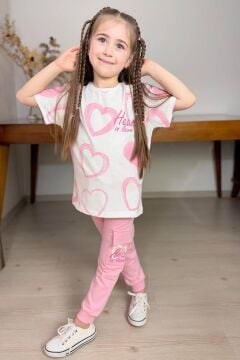 Kız Çocuk Pano Kalp Baskı Bisiklet Yaka T-Shirt Kargo Cepli Alt Pembe Eşofman Takım