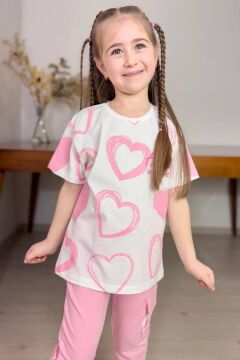 Kız Çocuk Pano Kalp Baskı Bisiklet Yaka T-Shirt Kargo Cepli Alt Pembe Eşofman Takım