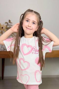 Kız Çocuk Pano Kalp Baskı Bisiklet Yaka T-Shirt Kargo Cepli Alt Pembe Eşofman Takım