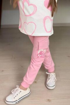 Kız Çocuk Pano Kalp Baskı Bisiklet Yaka T-Shirt Kargo Cepli Alt Pembe Eşofman Takım