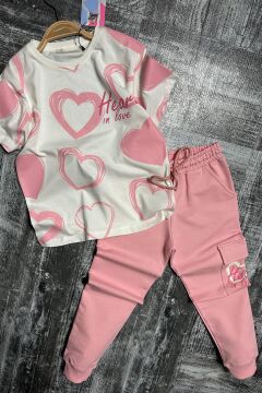 Kız Çocuk Pano Kalp Baskı Bisiklet Yaka T-Shirt Kargo Cepli Alt Pembe Eşofman Takım