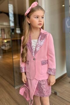 Kız Çocuk Bilekleri ve Yakası Pulpayet Detay Blazer Ceket Asimetrik Kesim Pullu Pudra Etekli Takım