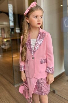 Kız Çocuk Bilekleri ve Yakası Pulpayet Detay Blazer Ceket Asimetrik Kesim Pullu Pudra Etekli Takım
