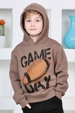 Erkek Çocuk Üzerinde Top ve Game Day Yazı Baskılı Sweatshirt 3 İplik Kahverengi Eşofman Takım