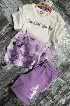 Kız Çocuk Üzeri Digital At ve Yazı Baskılı Lila Şortlu Takım