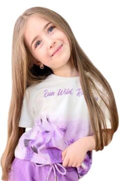 Kız Çocuk Üzeri Digital At ve Yazı Baskılı Lila Şortlu Takım