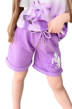 Kız Çocuk Üzeri Digital At ve Yazı Baskılı Lila Şortlu Takım