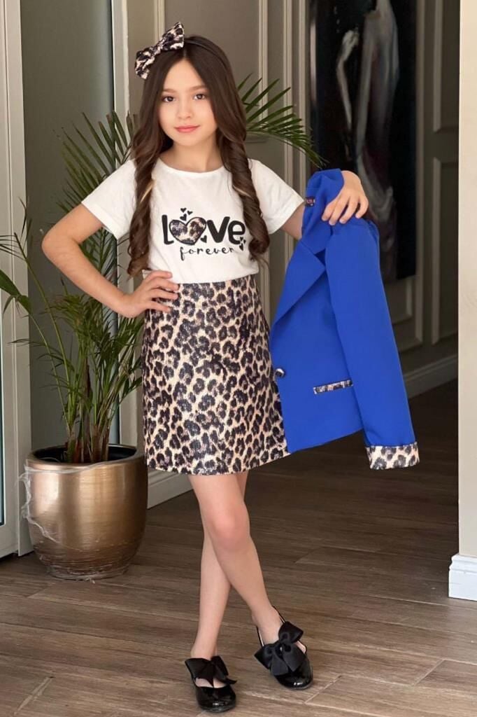 Kız Çocuk Love Yazı Baskı Bluz Leopar Detaylı Mavi Blazer Ceket Leopar Detay Pullu Etekli Takım