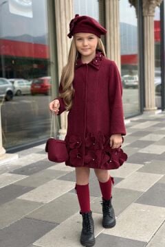 Kız Çocuk Yakası Taş ve Yonca Detaylı Çıtçıt Düğmeli Bordo Kaşe