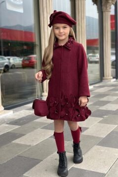 Kız Çocuk Yakası Taş ve Yonca Detaylı Çıtçıt Düğmeli Bordo Kaşe