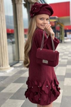 Kız Çocuk Yakası Taş ve Yonca Detaylı Çıtçıt Düğmeli Bordo Kaşe