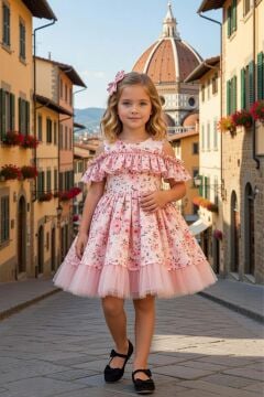 Kız Çocuk Düşük Omuzlu Bisiklet Yaka ve Fırfırlı Çiçek Desneli Somon Abiye