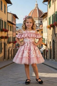 Kız Çocuk Düşük Omuzlu Bisiklet Yaka ve Fırfırlı Çiçek Desneli Somon Abiye