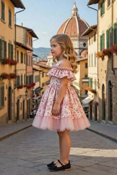 Kız Çocuk Düşük Omuzlu Bisiklet Yaka ve Fırfırlı Çiçek Desneli Somon Abiye