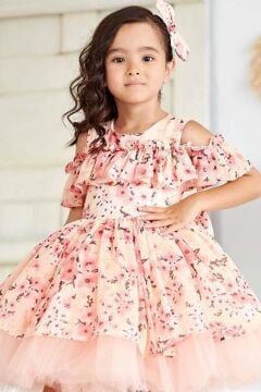 Kız Çocuk Düşük Omuzlu Bisiklet Yaka ve Fırfırlı Çiçek Desneli Somon Abiye