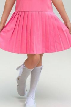 Kız Çocuk Göğsü Fiyonk Detaylı Eteği Pliseli Pembe Elbise