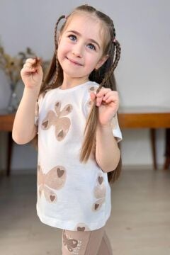Kız Çocuk Simli Kelebek Baskı Bisiklet Yaka T-Shirt Bej Eşofman Takım