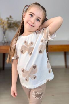 Kız Çocuk Simli Kelebek Baskı Bisiklet Yaka T-Shirt Bej Eşofman Takım